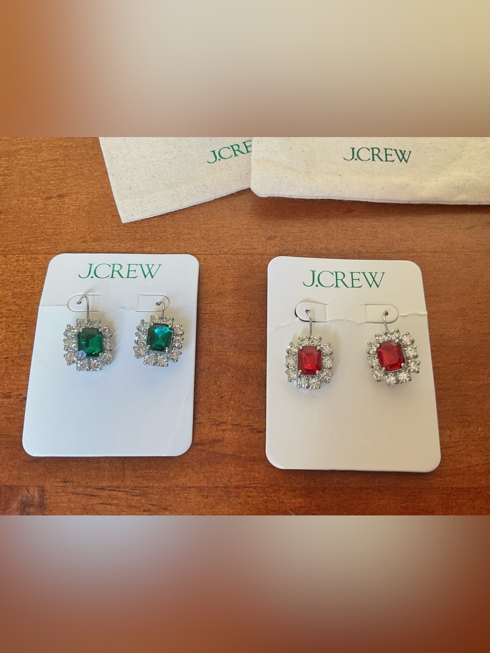J. Crew Deep Patina Green and Vintage Red Crystal Halo Drop Earrings, Set of 2